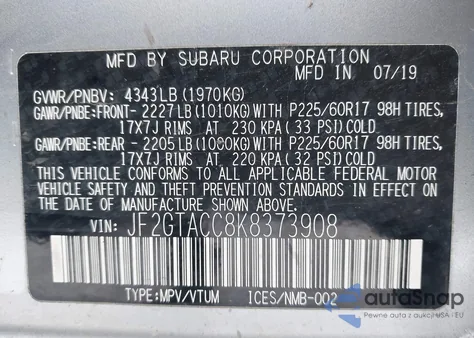 2019 Subaru Crosstrek 2.0I Premium from USA, damaged, VIN JF2GTACC8K8373908